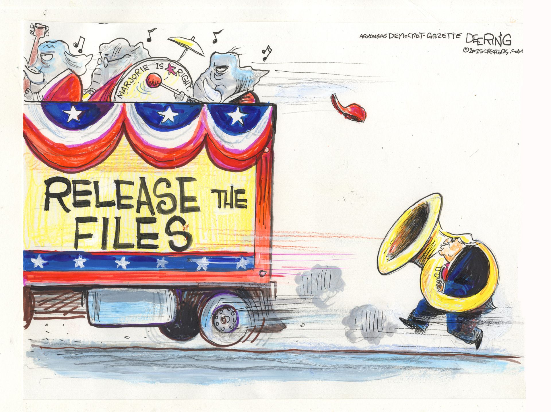 
                                A large truck decorated with patriotic bunting and stars is filled with elephants in this cartoon. The words “Release the Files” are written on the side and the elephants are playing instruments and beating a drum labeled “Marjorie is right.” A MAGA hat flies behind the truck. Donald Trump runs after the truck carrying a tuba, trying to join the band.
                            