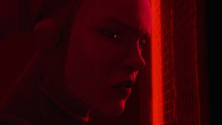 Devon Izara lit by a red light in Maul – Shadow Lord