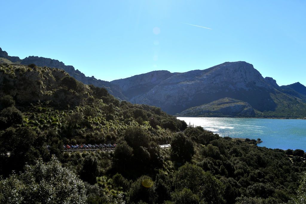 ANDRATX SPAIN JANUARY 29 The peloton passing through a landscape during the 31st Challenge Ciclista Mallorca 2022 Trofeo Pollena Port d Andratx a 170 km race from Pollena to Andratx 214m ChallengeMallorca on January 29 2022 in Andratx Spain Photo by Dario BelingheriGetty Images