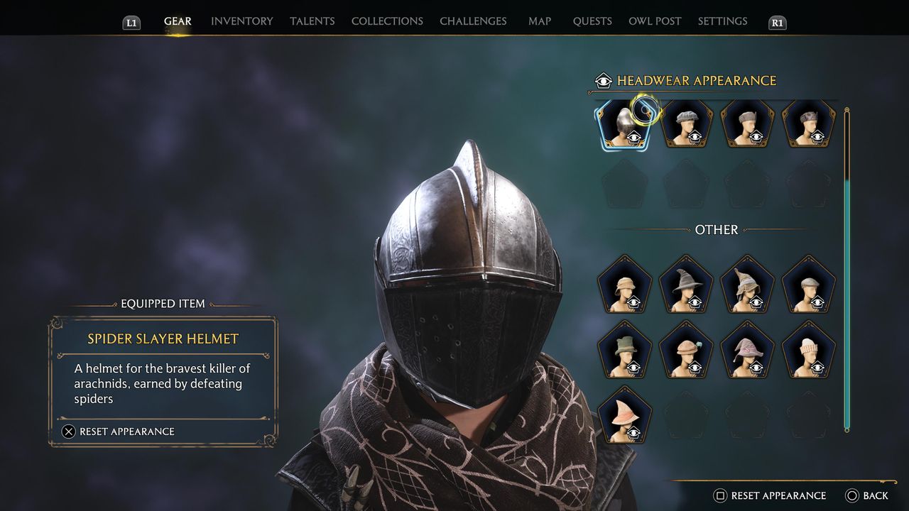 hogwarts legacy character wearing knight's helmet
