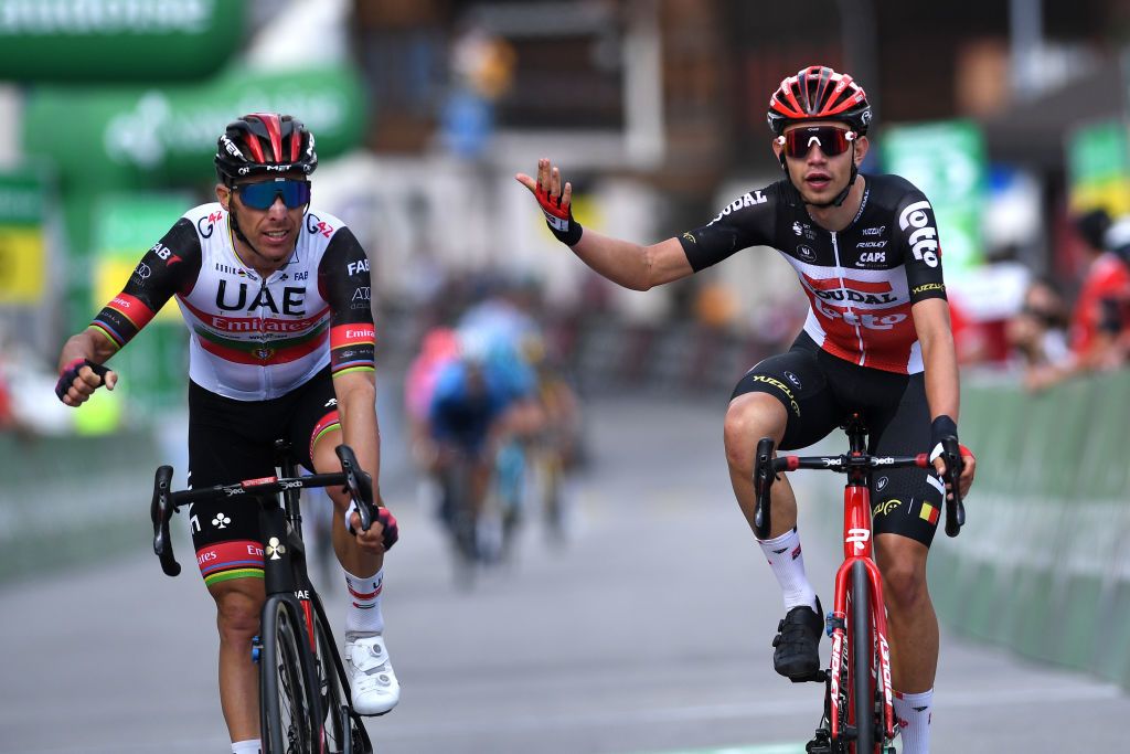 DISENTIS SEDRUN SWITZERLAND JUNE 11 Rui Alberto Faria Da Costa of Portugal and UAE Team Emirates Andreas Lorentz Kron of Denmark and Team Lotto Soudal sprint at arrival during the 84th Tour de Suisse 2021 Stage 6 a 1301km stage from Andermatt to DisentisSedrun 1413m Disappointment UCIworldtour tds tourdesuisse on June 11 2021 in DisentisSedrun Switzerland Photo by Tim de WaeleGetty Images