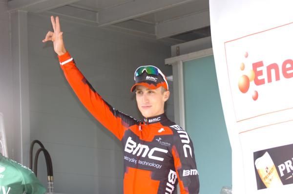 Taylor Phinney (BMC) on the podium after winning the Eneco prologue