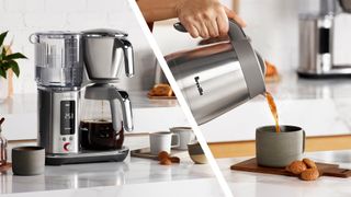Split image of Breville Luxe Brewer coffee maker and insulated carafe