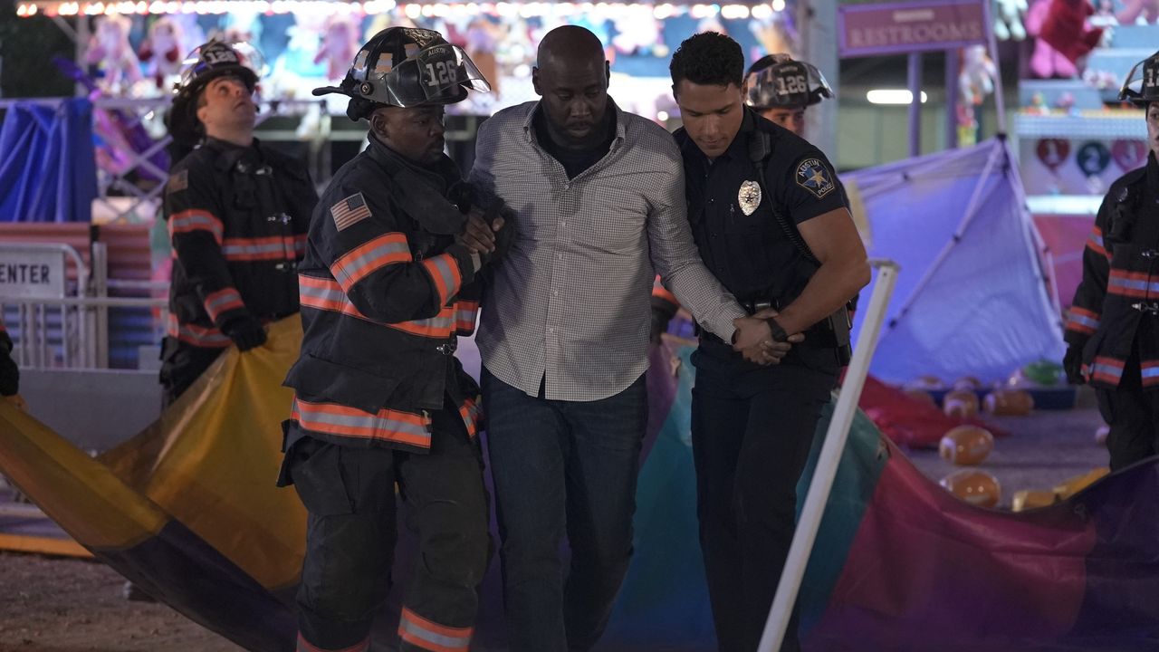 Brian Michael Smith, guest star D.B. Woodside and Rafael Silva in 9-1-1: Lone Star