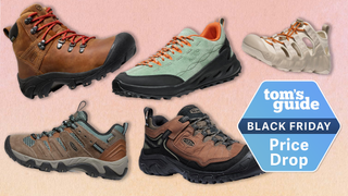 a peach background with a blue tom's guide black friday deals badge showing keen hiking footweater on sale for black friday 