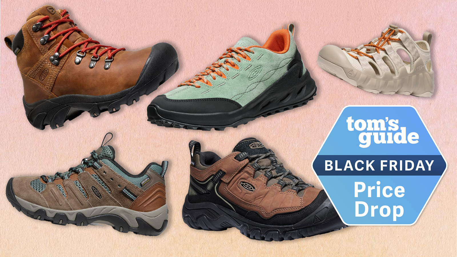 a peach background with a blue tom&#039;s guide black friday deals badge showing keen hiking footweater on sale for black friday 
