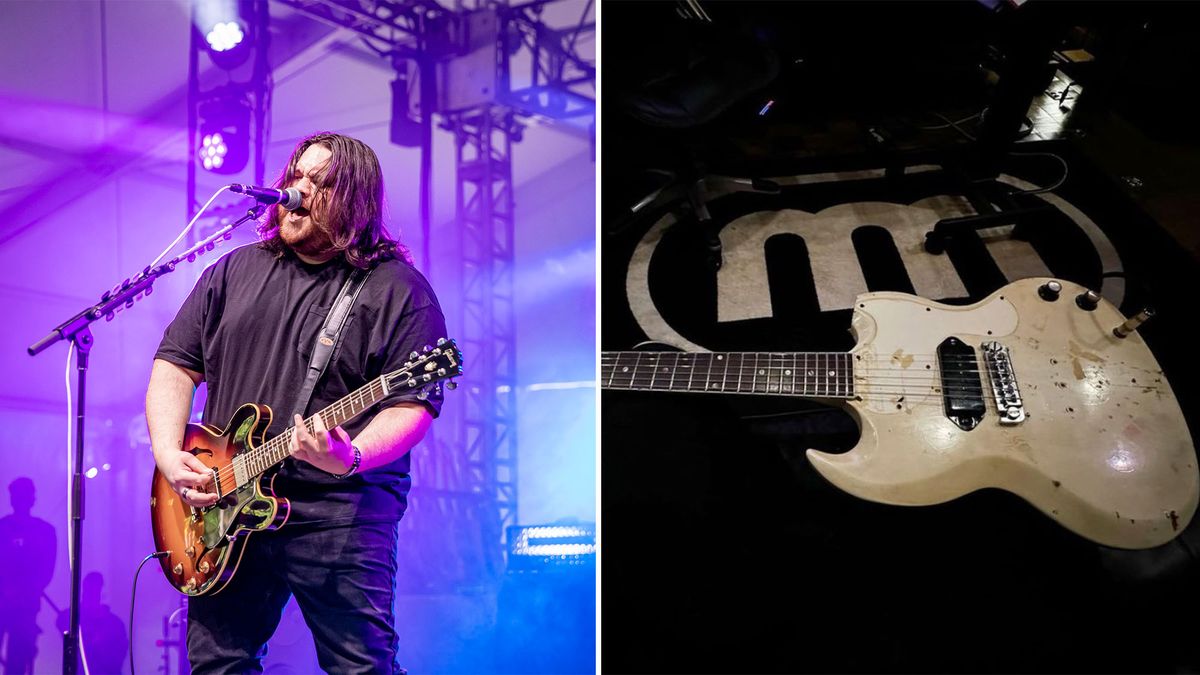 Wolfgang Van Halen plays onstage (left), a Gibson SG Junior once owned by Eddie Van Halen