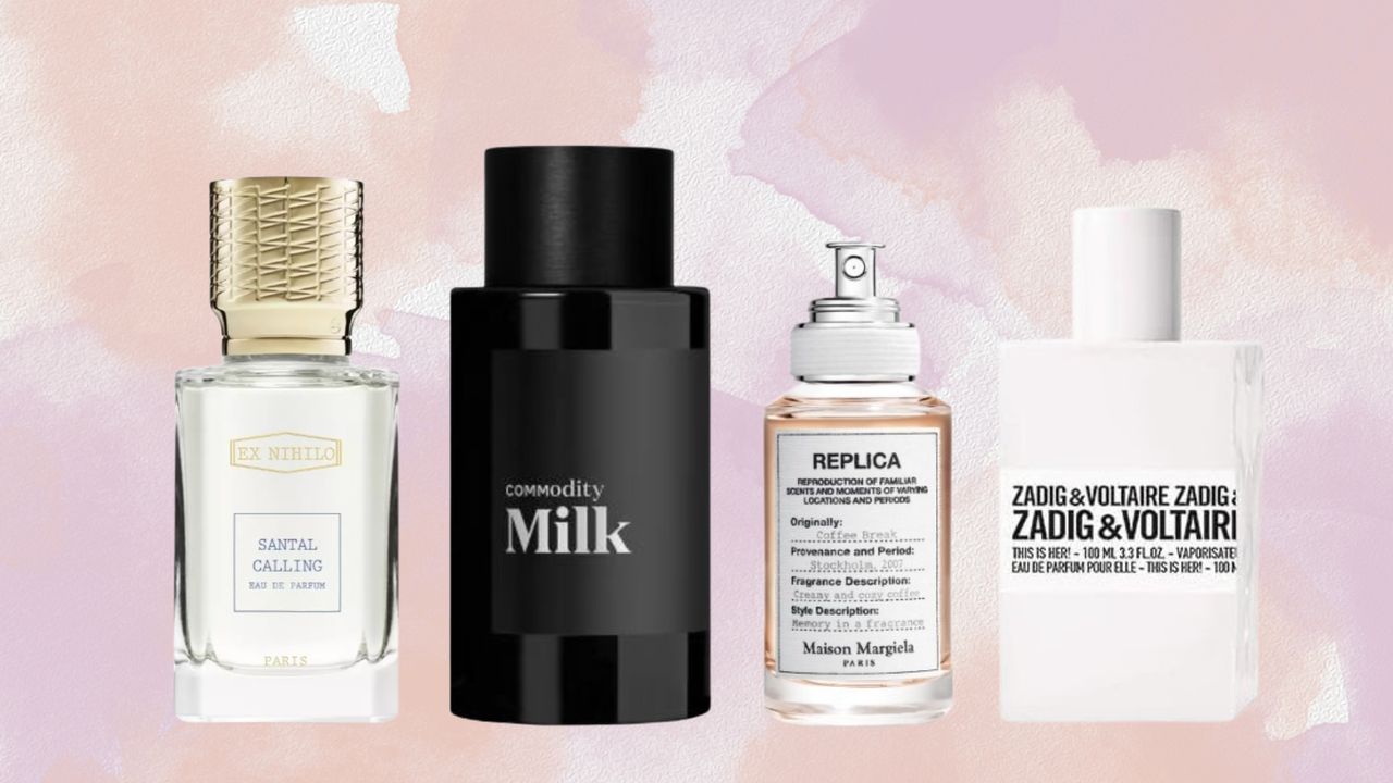 A selection of Milk Perfumes from Commodity, Maison Margiela and Zadig &amp; Voltaire/ in a pink and beige watercolour template