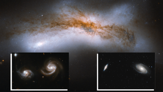 Three future scenarios for Milky Way & Andromeda encounter. Main A 100,000 light-year separation leads to a collision (Bottom left) At 500,000 light-years, dark matter provides friction that brings galaxies to a close encounter. (Bottom right) Galaxies bypass at 1 million light-year separation.