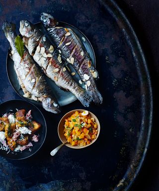 Roast trout with pumpkin and almonds