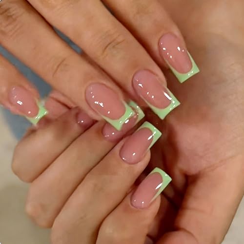 24pcs Green French Tip Press on Nails Long Square Fake Nails With Nude Glossy Design Green French Tip False Nails Full Cover Glue on Nail Artificial Stick on Nails for Women Manicure Decorations