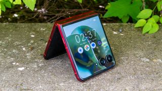 The Razr Ultra 2025 outside in tent mode