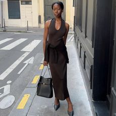 @sylviemus_ outfit photo khaite brown jersey halterneck midi dress