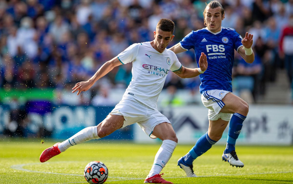 Manchester City forward Ferran Torres and Leicester City defender Caglar Soyuncu