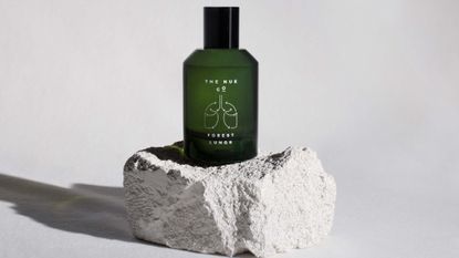Nue Co森林肺，功能性香水的例子，在深绿色玻璃瓶在白色岩石顶部