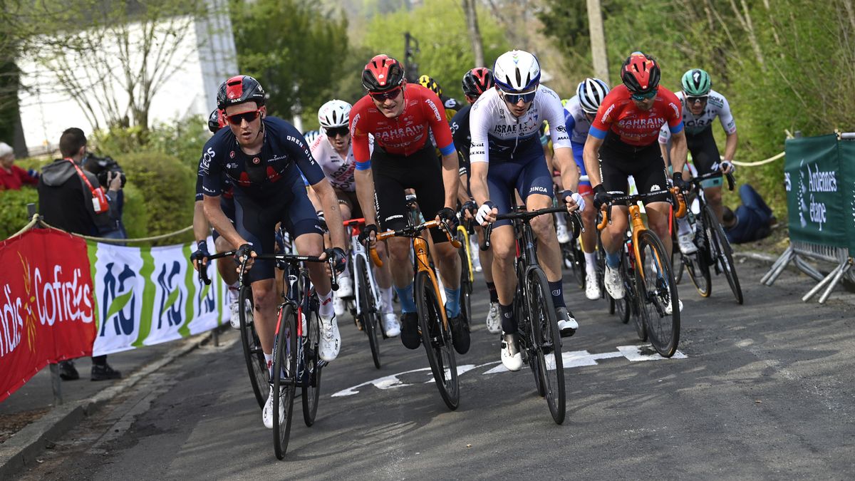 Tao Geoghegan Hart of United Kingdom and Team INEOS Grenadiers, Matej Mohoric of Slovenia and Team Bahrain Victorious &amp; Krists Neilands of Latvia and Team Israel Start-Up Nation during La Fleche Wallonne