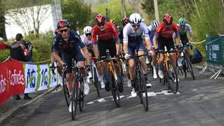 Tao Geoghegan Hart of United Kingdom and Team INEOS Grenadiers, Matej Mohoric of Slovenia and Team Bahrain Victorious & Krists Neilands of Latvia and Team Israel Start-Up Nation during La Fleche Wallonne