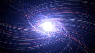 Electrons and their antimatter counterparts, positrons, interact around a neutron star in this visualization. Why is there so much more matter than antimatter in the universe we can see?