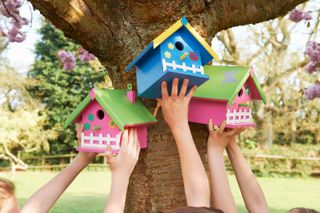 bird house design ideas: brightly colored birdhouses being held up