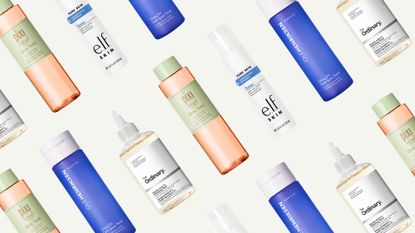 Collage of four of the best toners featured in this guide from (left to right) Pixi Beauty, e.l.f. Skin, OLEHENRKSEN and The Ordinary, set at a diagonal angle against an off-white background 