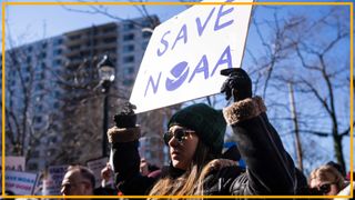 Demonstrators attend rally outside National Oceanic and Atmospheric Administration headquarters to oppose the recent worker firings, in Sliver Spring, Md., on Monday, March 3, 2025.