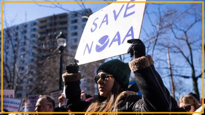 Demonstrators attend rally outside National Oceanic and Atmospheric Administration headquarters to oppose the recent worker firings, in Sliver Spring, Md., on Monday, March 3, 2025.