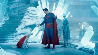 David Corenswet as Superman talking to the dog Krypto in the Fortress of Solitude during one of the best DC movies, Superman (2025).