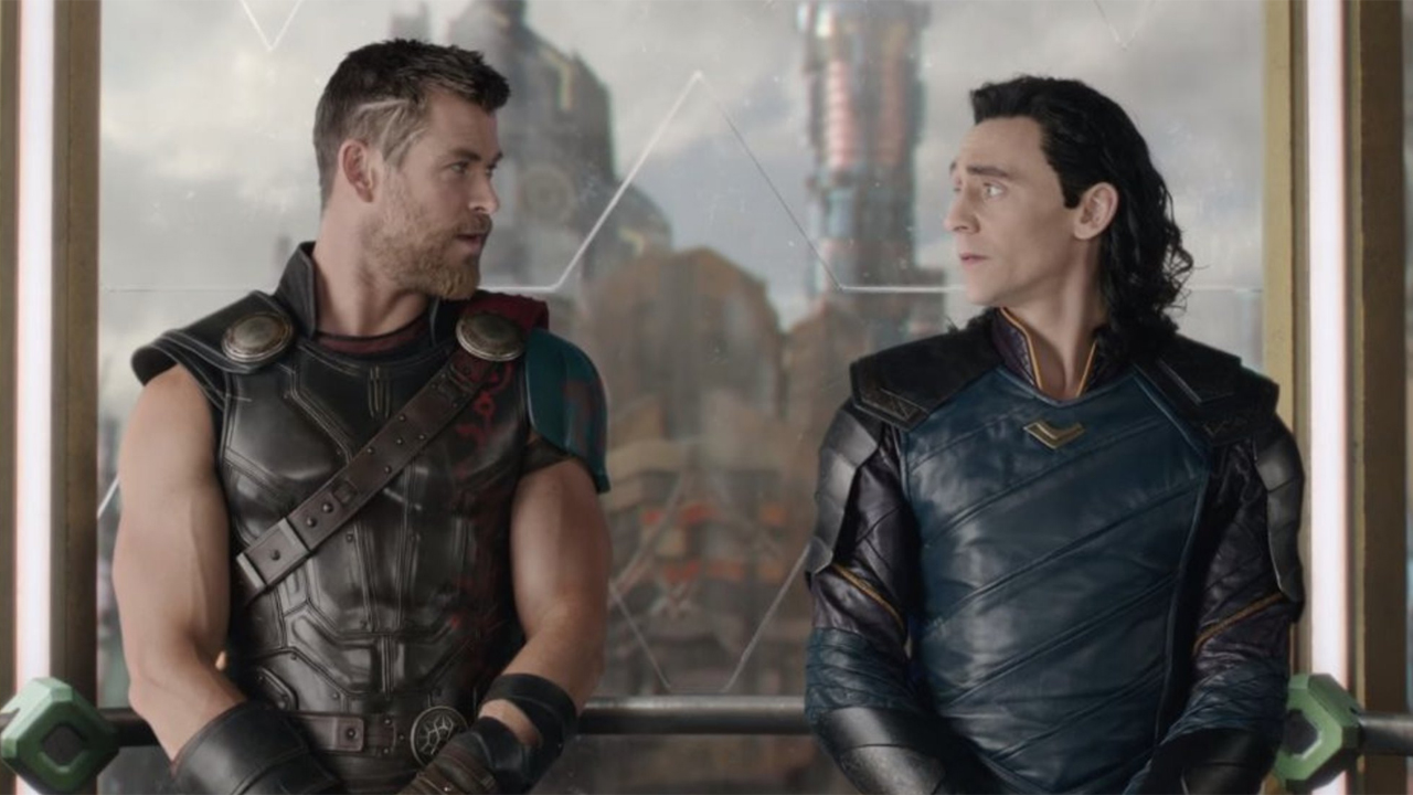 Thor (Chris Hemsworth) and Loki (Tom Hiddleston)in an elevator together in Thor: Ragnarok