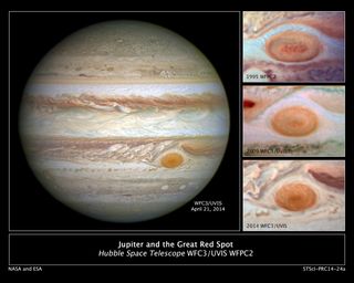 Jupiter's trademark Great Red Spot — a swirling anticyclonic storm feature larger than Earth — has shrunken to the smallest size ever measured. Astronomers have followed this downsizing since the 1930s. Image released May 15, 2014.
