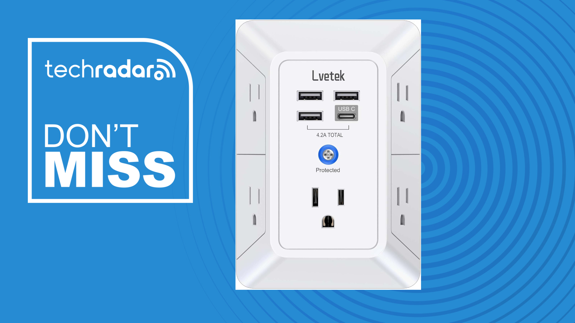Lvetech Wall Charger on a blue background with Radar motif next to text reading TechRadar Don't Miss