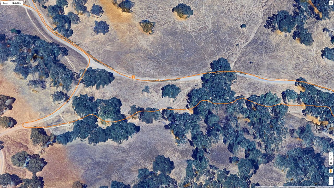 A GPS map showing the Garmin Forerunner 970 (orange line) tracking my location on a windy, tree-lined trail.