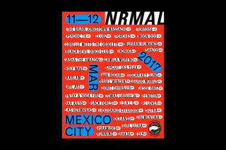 Bold red NRMAL festival poster with black and white zine-like typography