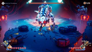 A screenshot of a boss battle in Lego Horizon Adventures