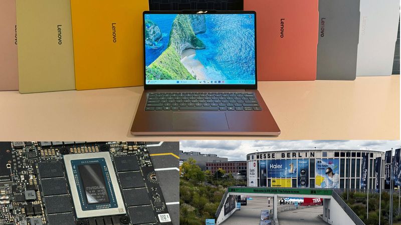 Collage of Laptops, the IFA logo, and the RTX Spark chip.