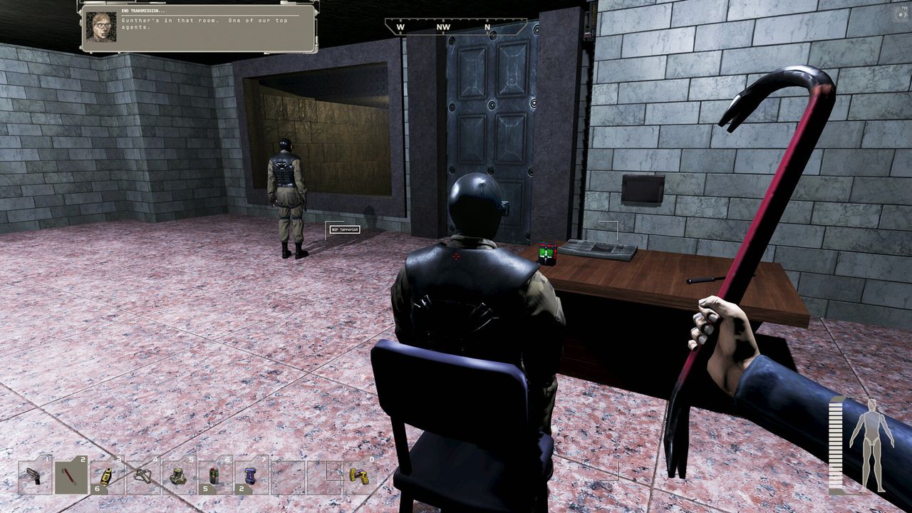 JC sneaks up on an NSF terrorist while wielding a crowbar, his arm looks strange and distended.