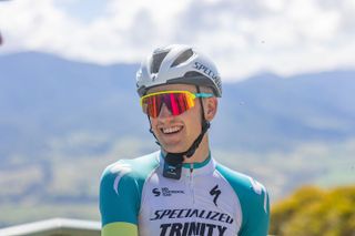 Fergus Browning (Trinity) doing a pre-race interview on the top of Tawonga Gap at the 2024 Tour of Bright