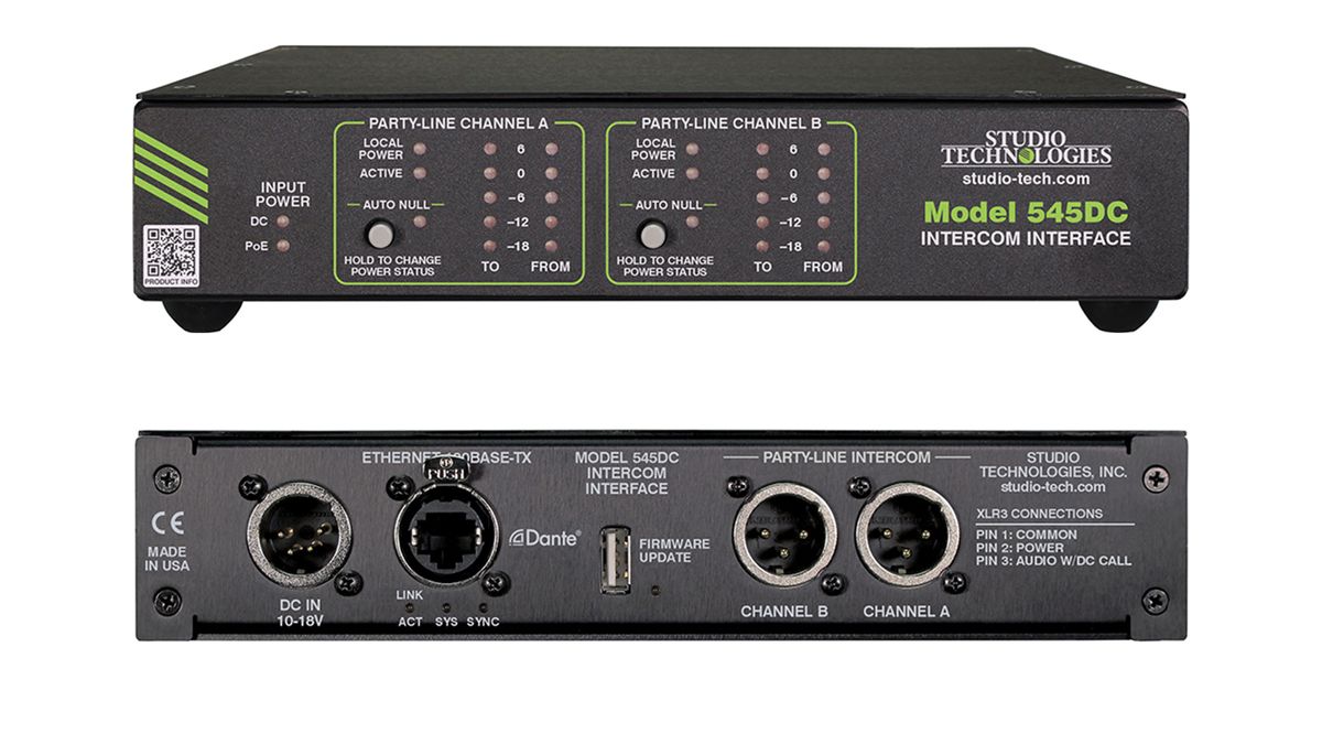 The Studio Technologies 545DC intercom interface from the front and back.