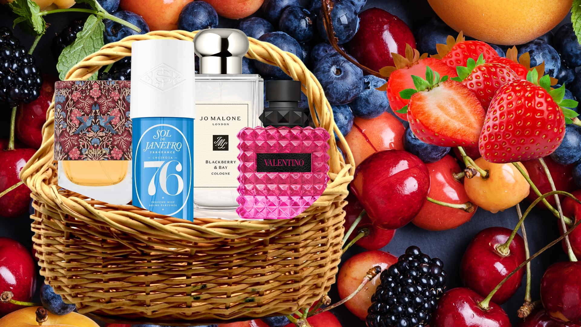 berries with a woven basket carrying berry perfumes