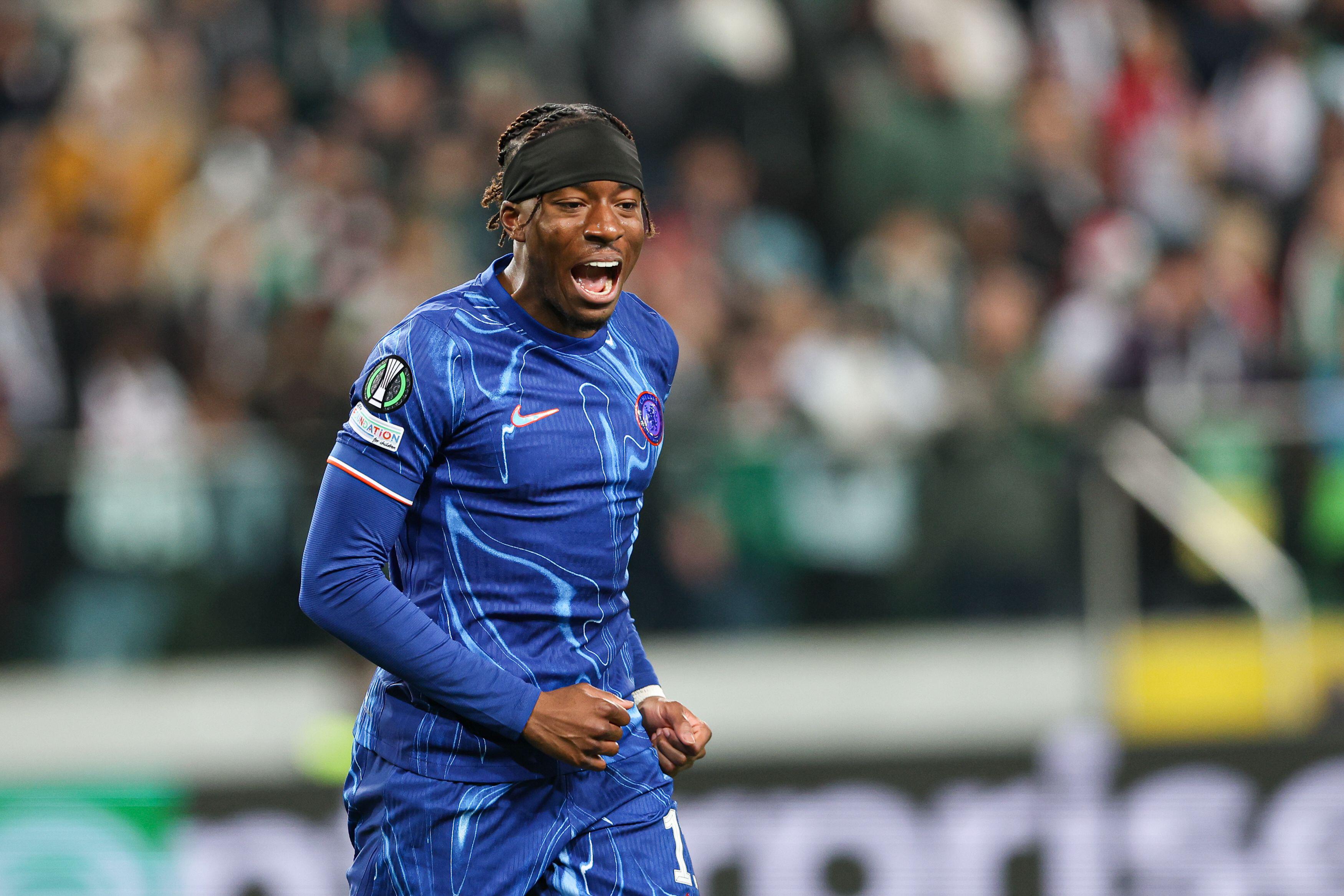 Noni Madueke celebrates after scoring for Chelsea against Legia Warsaw in the Conference League quarter-finals, April 2025.