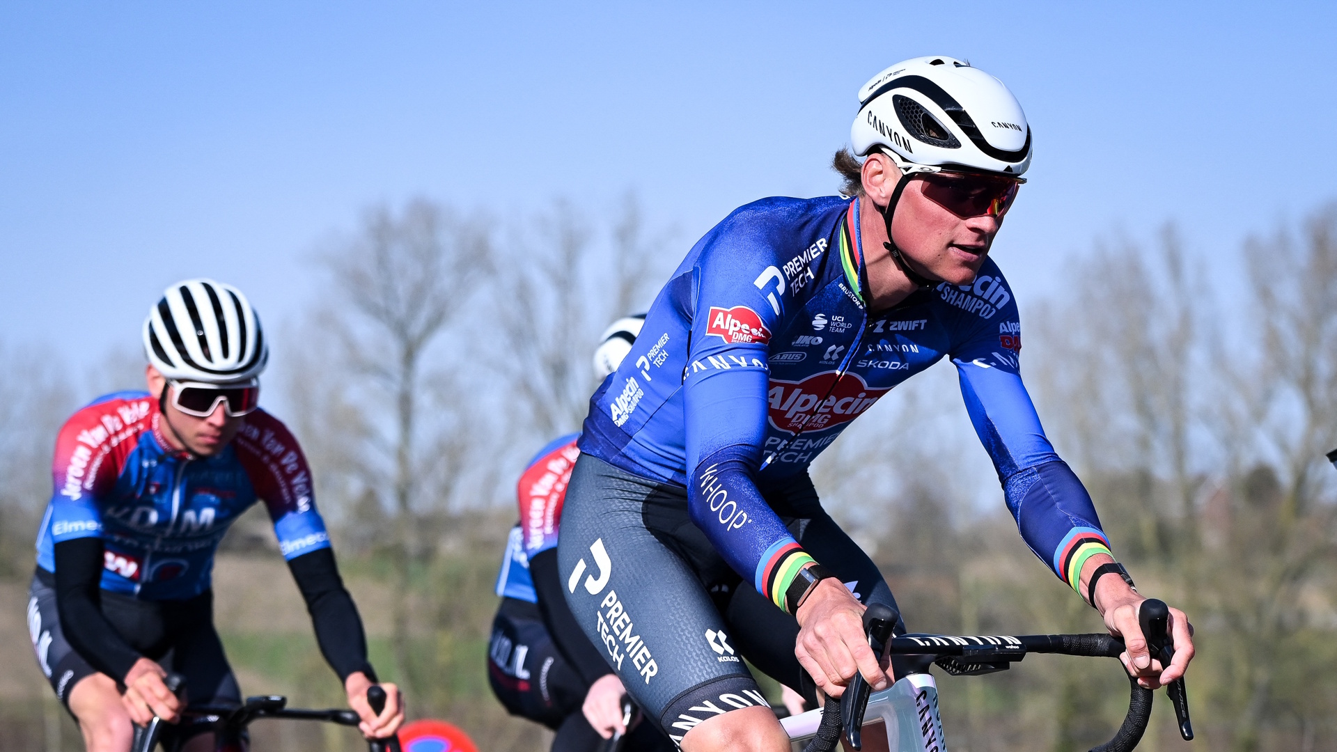 Dutch rider Mathieu van der Poel takes part in a warm up ahead of the 2026 Omloop Nieuwsblad.