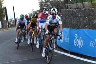 SANREMO ITALY MARCH 20 Wout Van Aert of Belgium and Team Jumbo Visma Mathieu Van Der Poel of Netherlands and Team AlpecinFenix Julian Alaphilippe of France and Team Deceuninck QuickStep during the 112th MilanoSanremo 2021 a 299km race from Milano to Sanremo Poggio di San Sanremo 160m MilanoSanremo La Classicissima UCIWT on March 20 2021 in Sanremo Italy Photo by Tim de WaeleGetty Images