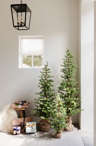 Christmas entryway decor with Christmas presents and Christmas trees