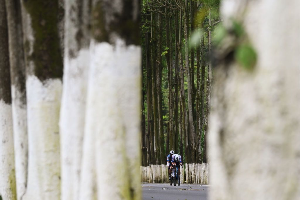 BAMA CHINA OCTOBER 17 Pepijn Reinderink of The Netherlands and Team Soudal QuickStep and Dries De Bondt of Belgium and Decathlon AG2R La Mondiale Team Polka dot Mountain Jersey compete in the breakaway during the 5th GreeTour Of Guangxi 2024 Stage 3 a 214km stage from Jingxi to Bama UCIWT on October 17 2024 in Bama China Photo by Dario BelingheriGetty Images