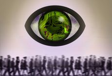 Graphic illustration of a giant green technology eye overlooking a crowd of people walking under it