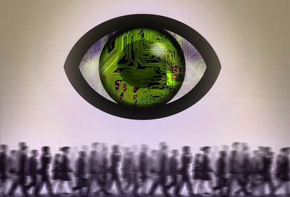 Graphic illustration of a giant green technology eye overlooking a crowd of people walking under it