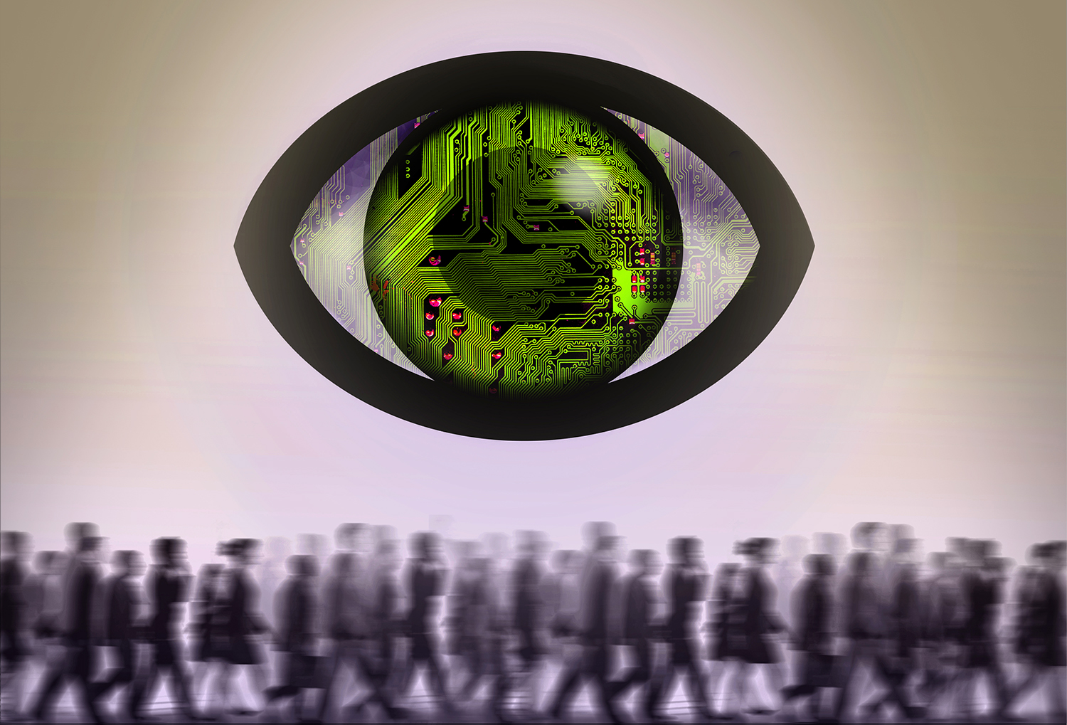 Graphic illustration of a giant green technology eye overlooking a crowd of people walking under it