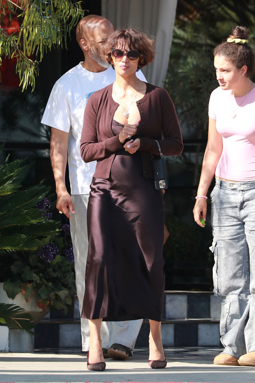 Halle Berry wearing a chocolate brown cardigan, a satin dress, and pointed-toe shoes.