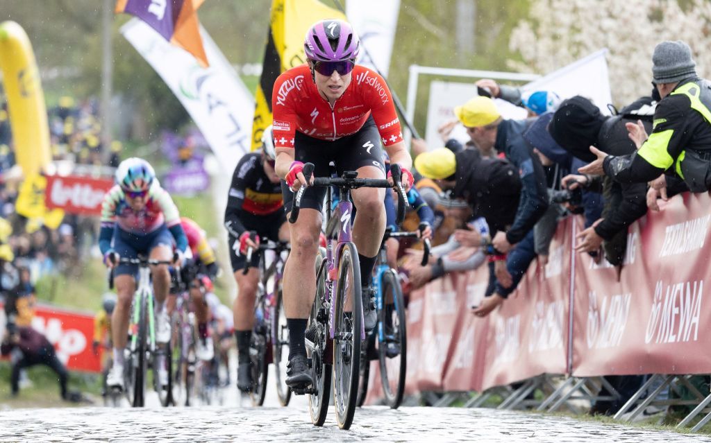 Swiss Marlen Reusser of SD Worx competes at the Paterberg cobbles climb in Kluisbergen during the womens race of the Ronde van VlaanderenTour des Flandres one day cycling event 1586km from and to Oudenaarde on April 3 2022 Belgium OUT Photo by BENOIT DOPPAGNE Belga AFP Belgium OUT Photo by BENOIT DOPPAGNEBelgaAFP via Getty Images