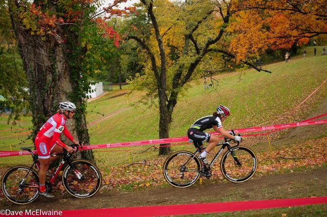 Kaitie Antonneau (Cannondale/ Cyclocrossworld.com) leading Meredith Miller