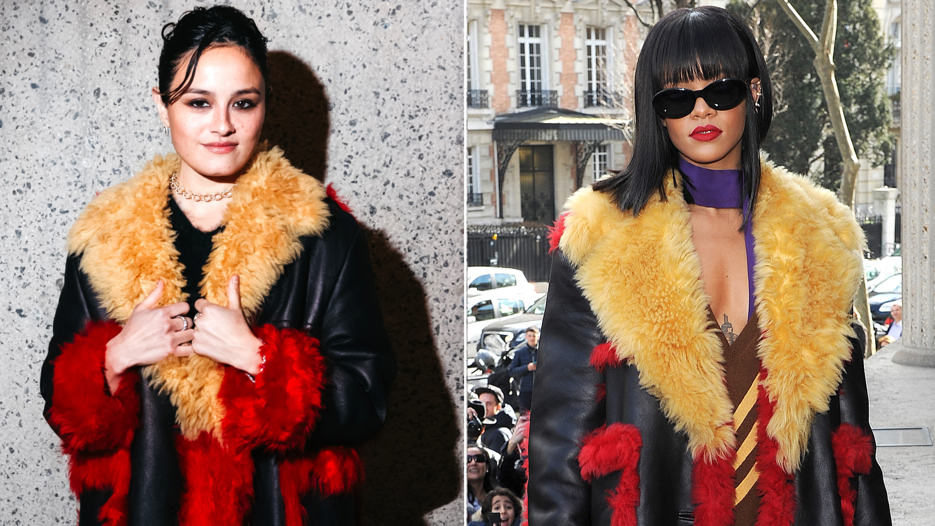 Chase Sui Wonders styled the same fur-trimmed leather coat as Rihanna in 2014